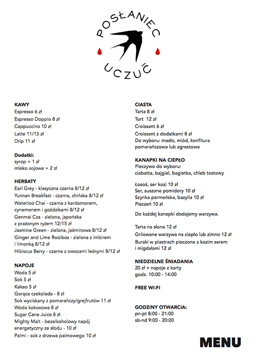Posłaniec Uczuć kawiarnia menu