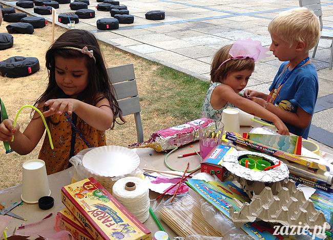 zajęcia dla dzieci, recyklingowe warsztaty plastyczne dla dzieci i rodziców, prowadzenie Olga Zazie i Syd Breslauer, organizator Cafe Kulturalna