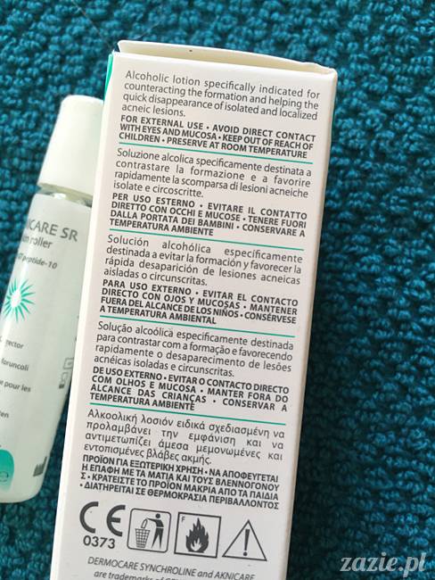 blog kosmetyczny, recenzje i testy kosmetyków, opinie o kosmetykach, leczenie trądziku, cera tłusta, cera problematyczna z niedoskonałościami, Synchroline, Aknicare SR skin roller, Płyn na pojedyncze zmiany trądzikowe
