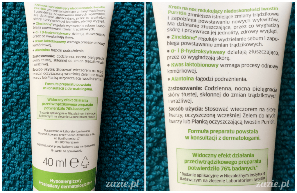 blog kosmetyczny, recenzje i testy kosmetyków, opinie o kosmetykach, leczenie trądziku, cera tłusta, cera problematyczna z niedoskonałościami, Iwostin Purritin, Krem na noc redukujący niedoskonałości